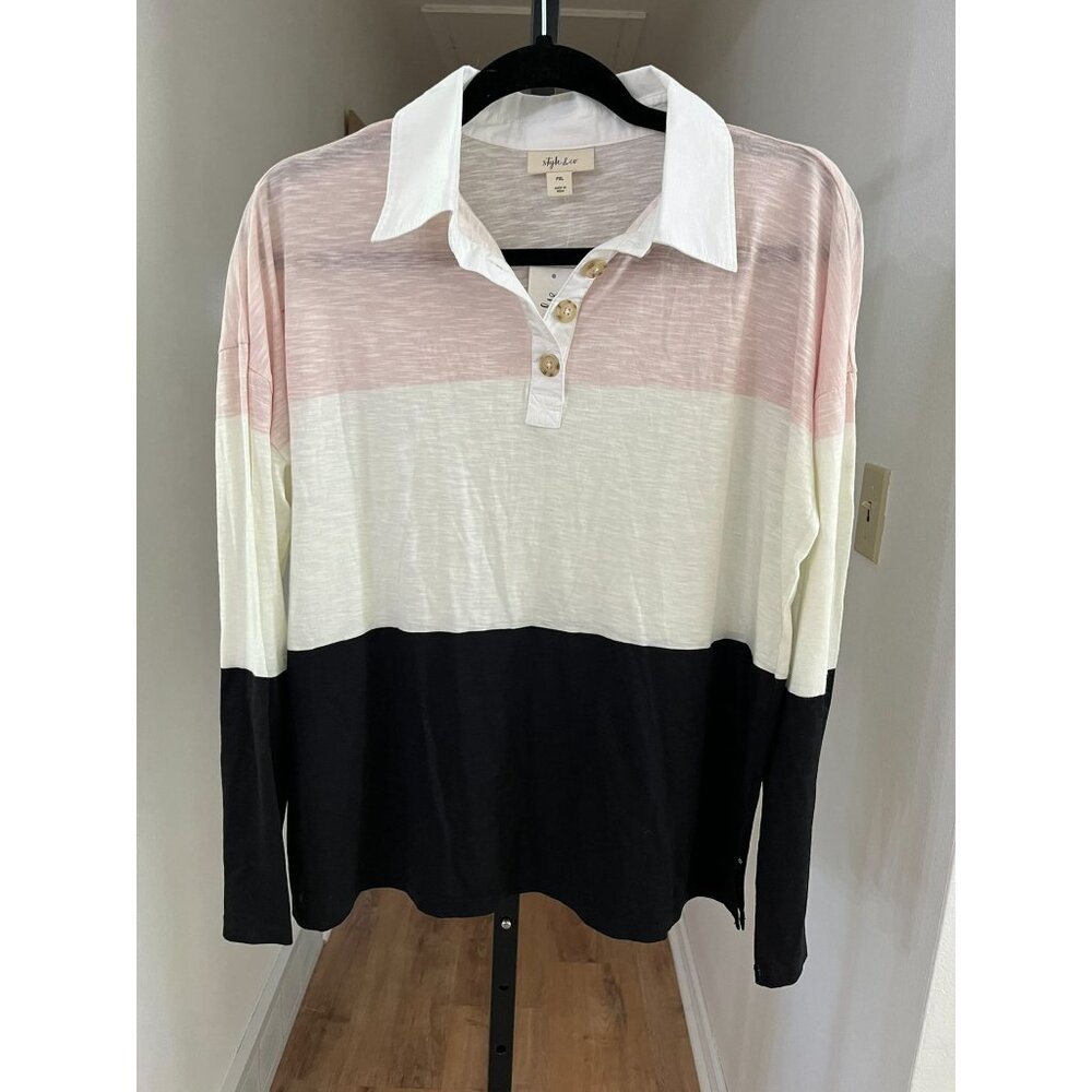 NWT Style & Co Women's Petite PXL Colorblock Long Sleeve Polo Shirt